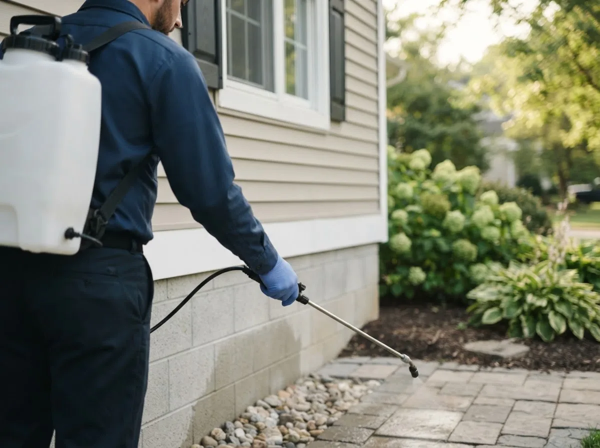 Pest control technician inspecting a home in Wellston, MI